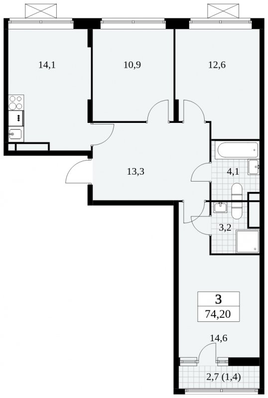 3-комнатная квартира без отделки, 74.2 м2, 13 этаж, сдача 2 квартал 2024 г., ЖК Прокшино, корпус 6.1 - объявление 1662665 - фото №1