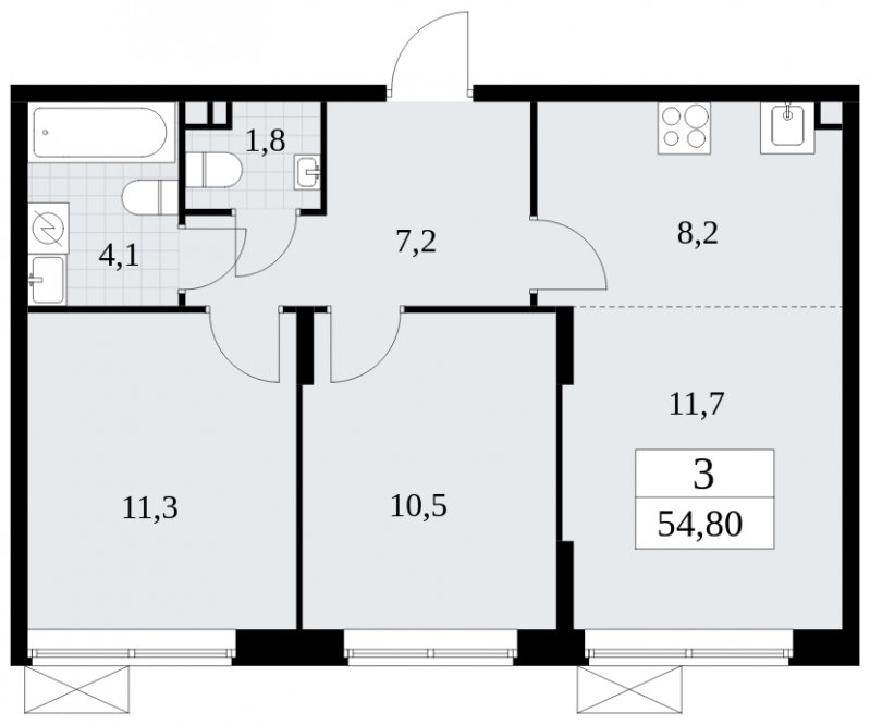 3-комнатная квартира (евро) без отделки, 54.8 м2, 2 этаж, сдача 1 квартал 2025 г., ЖК Прокшино, корпус 5.2.1 - объявление 1750933 - фото №1