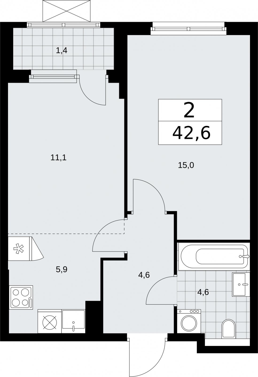 2-комнатная квартира (евро) без отделки, 42.6 м2, 3 этаж, сдача 2 квартал 2026 г., ЖК Бунинские кварталы, корпус 7.4 - объявление 2314041 - фото №1