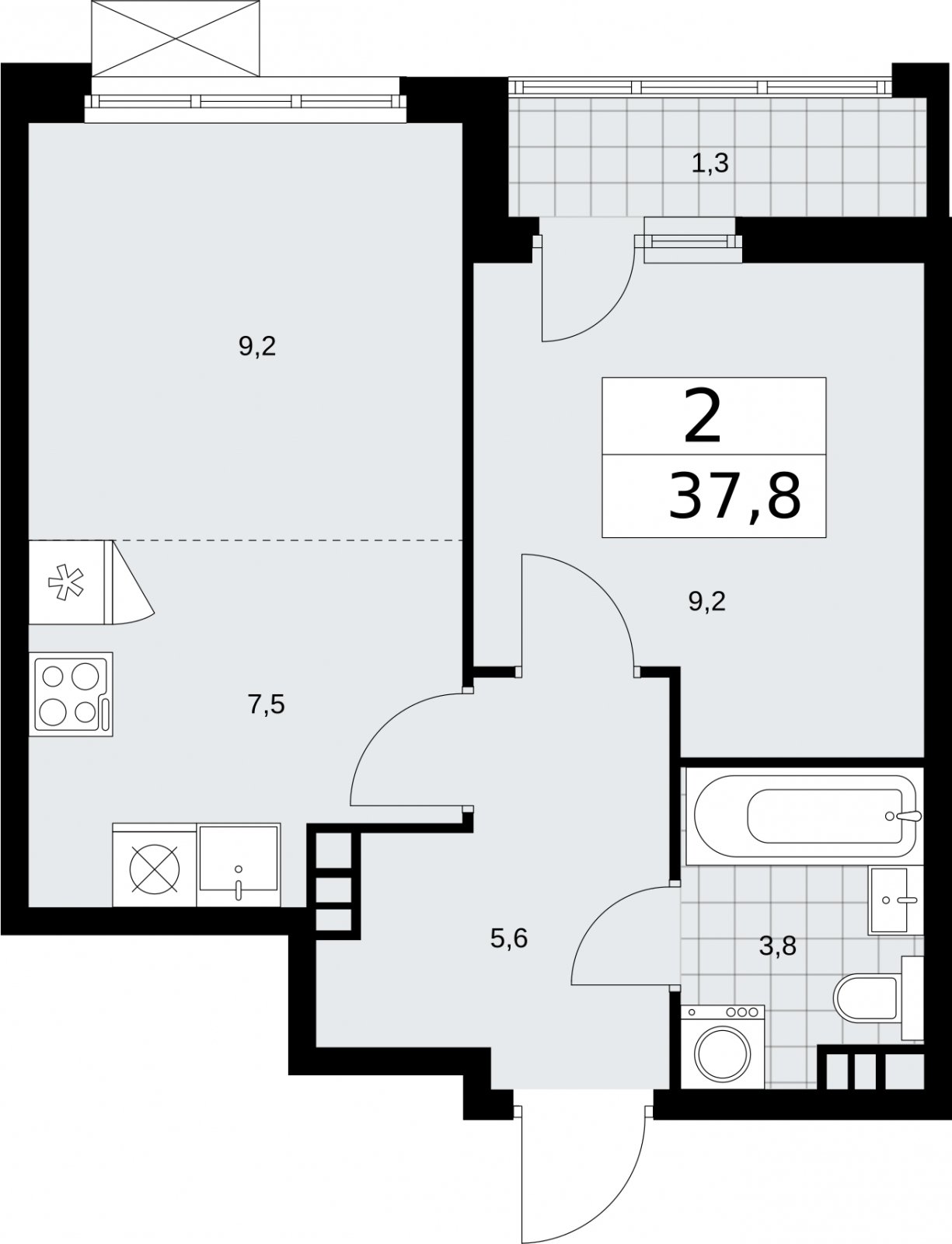 2-комнатная квартира (евро) без отделки, 37.8 м2, 5 этаж, сдача 2 квартал 2026 г., ЖК Бунинские кварталы, корпус 5.4 - объявление 2297783 - фото №1