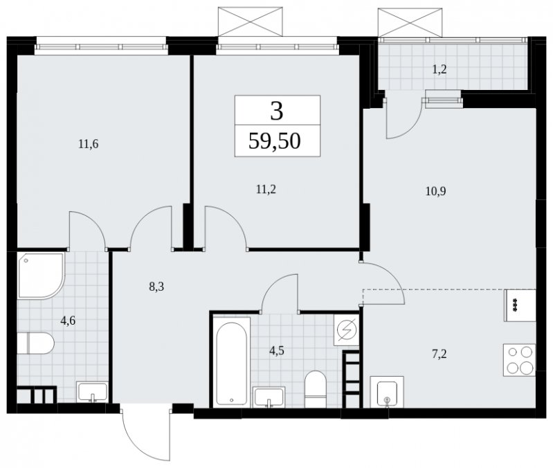 3-комнатная квартира (евро) без отделки, 59.5 м2, 3 этаж, сдача 4 квартал 2024 г., ЖК Скандинавия, корпус 35.2.2 - объявление 1841037 - фото №1