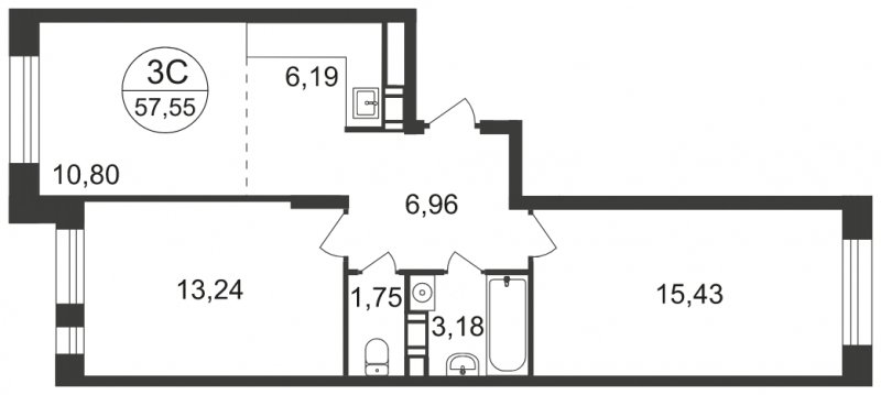 3-комнатная квартира с полной отделкой, 57.55 м2, 9 этаж, сдача 3 квартал 2023 г., ЖК Люберцы, корпус 66 - объявление 1951770 - фото №1