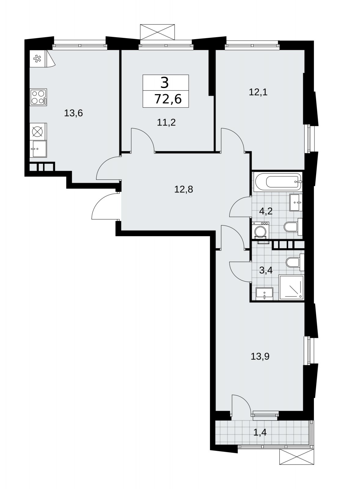 3-комнатная квартира с частичной отделкой, 72.6 м2, 12 этаж, сдача 1 квартал 2026 г., ЖК Прокшино, корпус 11.1.2 - объявление 2257301 - фото №1