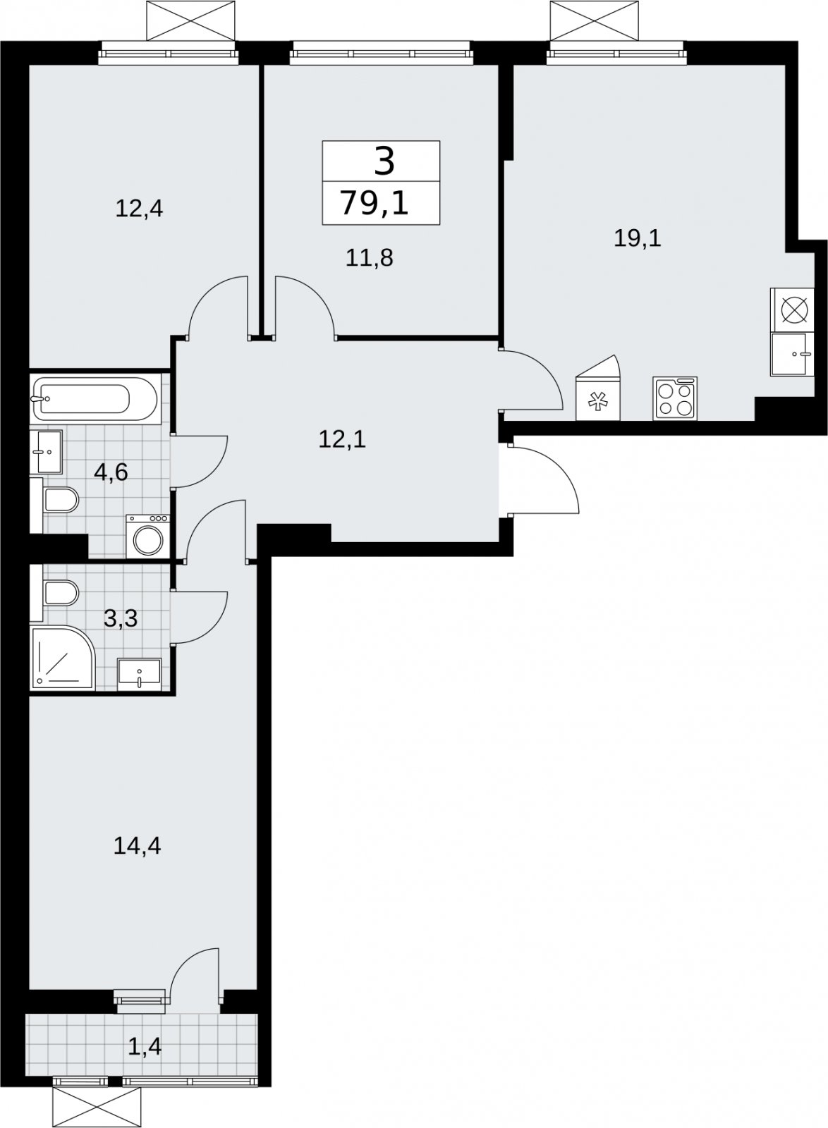 3-комнатная квартира без отделки, 79.1 м2, 7 этаж, сдача 2 квартал 2026 г., ЖК Бунинские кварталы, корпус 7.3 - объявление 2313963 - фото №1