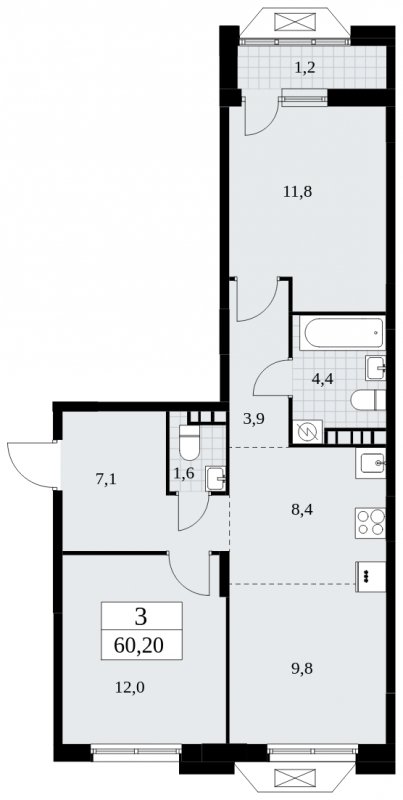 3-комнатная квартира (евро) без отделки, 60.2 м2, 4 этаж, сдача 1 квартал 2025 г., ЖК Бунинские кварталы, корпус 1.3 - объявление 1834786 - фото №1