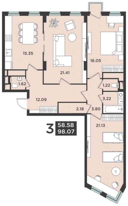 3-комнатная квартира 99 м2, 9 этаж, дом сдан, ЖК Лефорт, корпус 3 - объявление 1660513 - фото №1