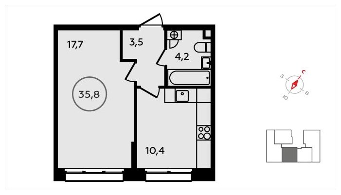1-комнатная квартира без отделки, 35.8 м2, 2 этаж, сдача 3 квартал 2024 г., ЖК Скандинавия, корпус 22.2 - объявление 1625419 - фото №1