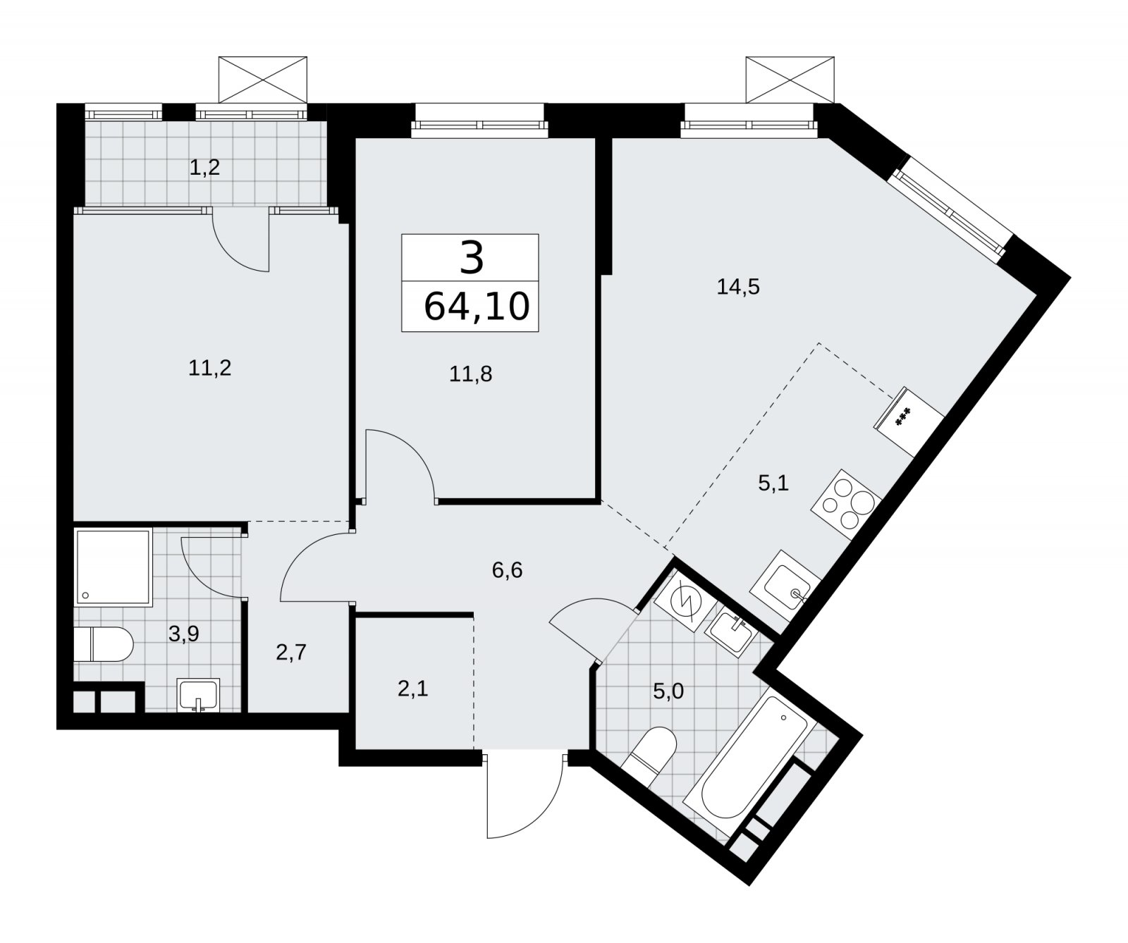 3-комнатная квартира (евро) с частичной отделкой, 64.1 м2, 15 этаж, сдача 1 квартал 2026 г., ЖК Дом на Зорге, корпус 25 - объявление 2221244 - фото №1