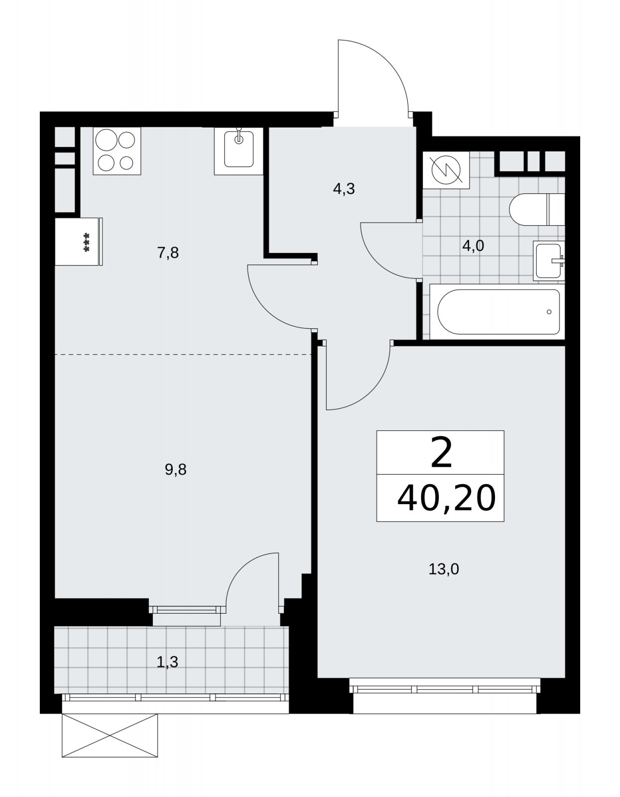 2-комнатная квартира (евро) с частичной отделкой, 40.2 м2, 8 этаж, сдача 4 квартал 2025 г., ЖК Бунинские кварталы, корпус 3.4 - объявление 2152108 - фото №1
