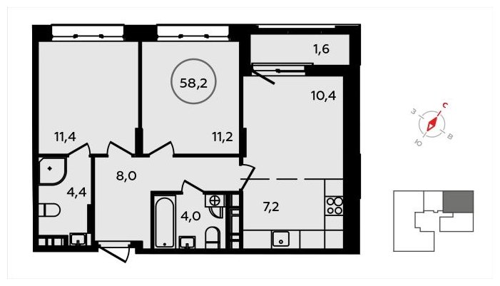 3-комнатная квартира (евро) с полной отделкой, 58.2 м2, 11 этаж, сдача 3 квартал 2024 г., ЖК Скандинавия, корпус 2.22.4 - объявление 1625725 - фото №1