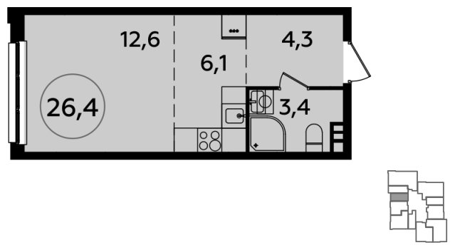 Студия с частичной отделкой, 26.4 м2, 3 этаж, сдача 2 квартал 2024 г., ЖК Южные сады, корпус 1.1 - объявление 2296227 - фото №1