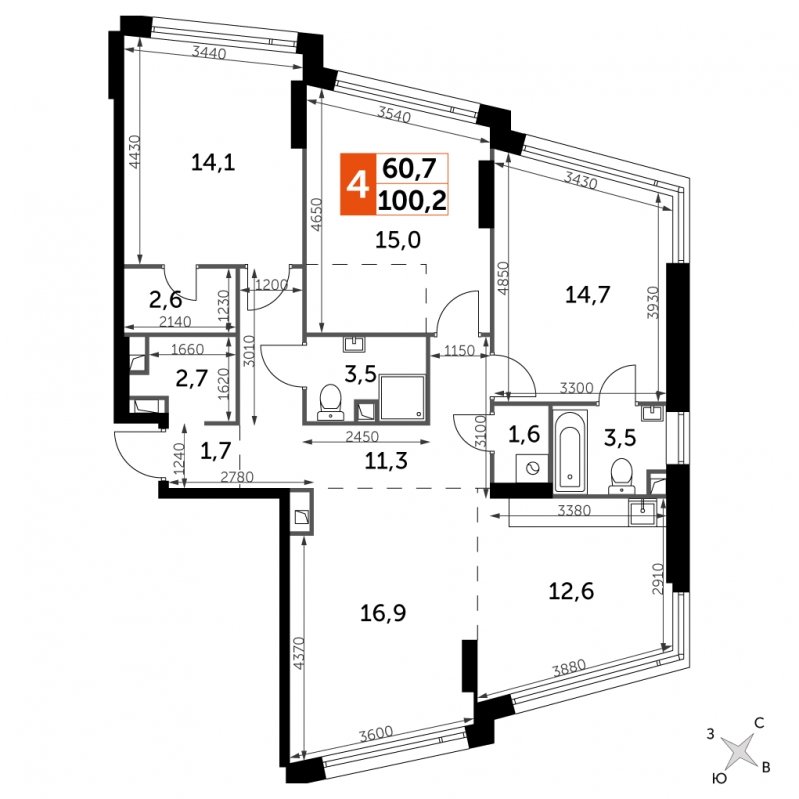 4-комнатная квартира с частичной отделкой, 100.2 м2, 5 этаж, сдача 4 квартал 2024 г., ЖК ROTTERDAM, корпус 2.1 - объявление 1694262 - фото №1