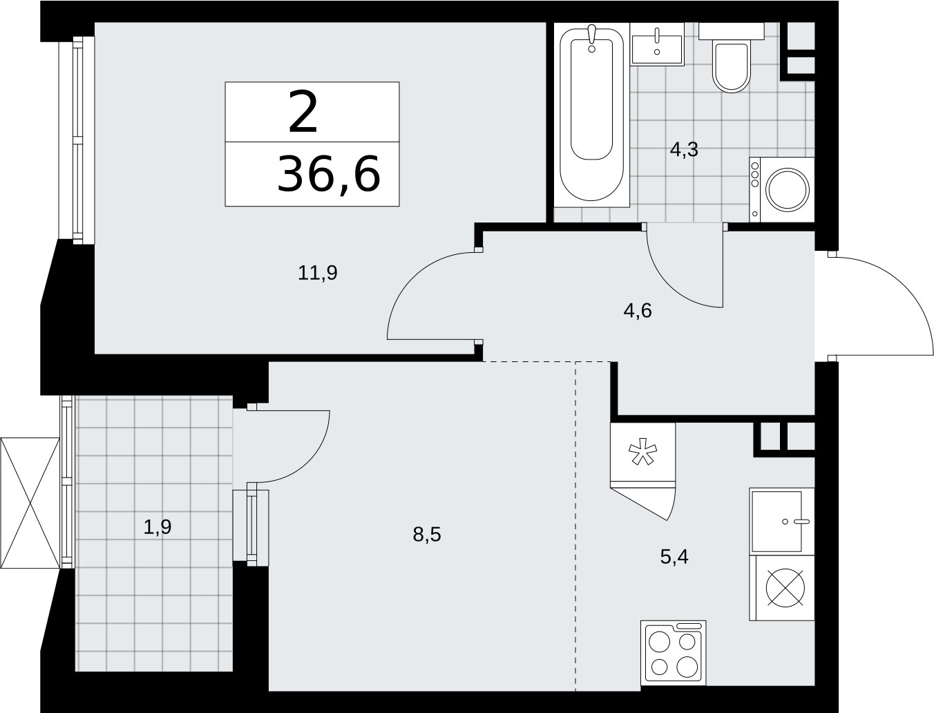 2-комнатная квартира (евро) без отделки, 36.6 м2, 3 этаж, сдача 2 квартал 2026 г., ЖК Бунинские кварталы, корпус 5.2 - объявление 2297324 - фото №1