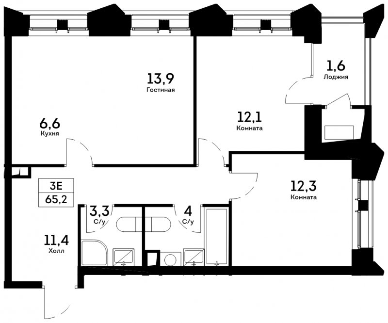 3-комнатная квартира 65.2 м2, 10 этаж, сдача 4 квартал 2022 г., ЖК Квартал на набережной NOW, корпус 2.2 - объявление 1713293 - фото №1