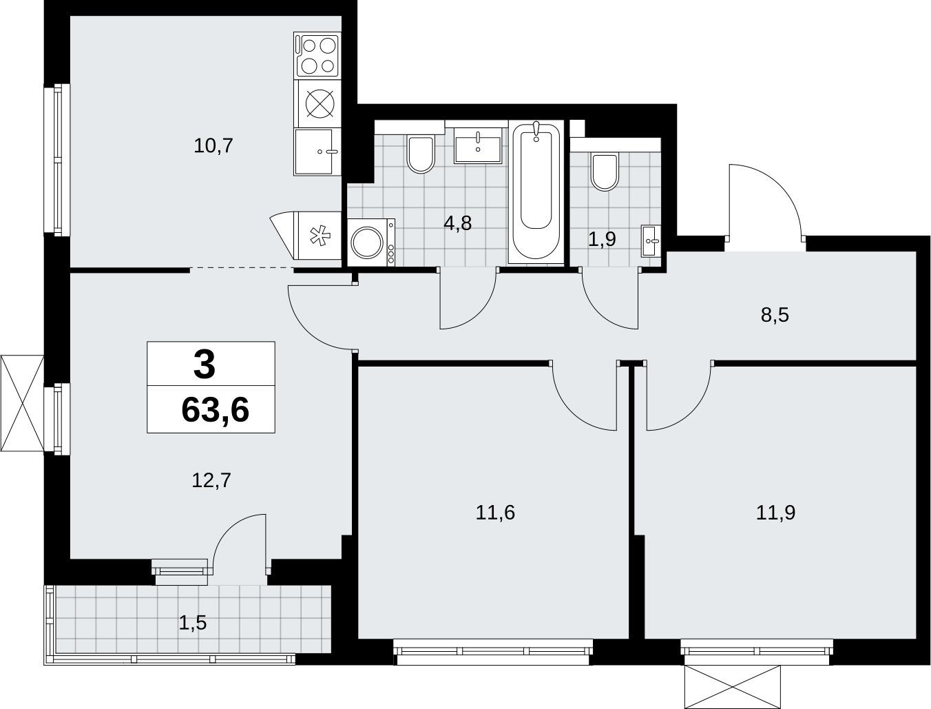 3-комнатная квартира без отделки, 63.6 м2, 8 этаж, сдача 2 квартал 2026 г., ЖК Бунинские кварталы, корпус 9.1 - объявление 2323504 - фото №1