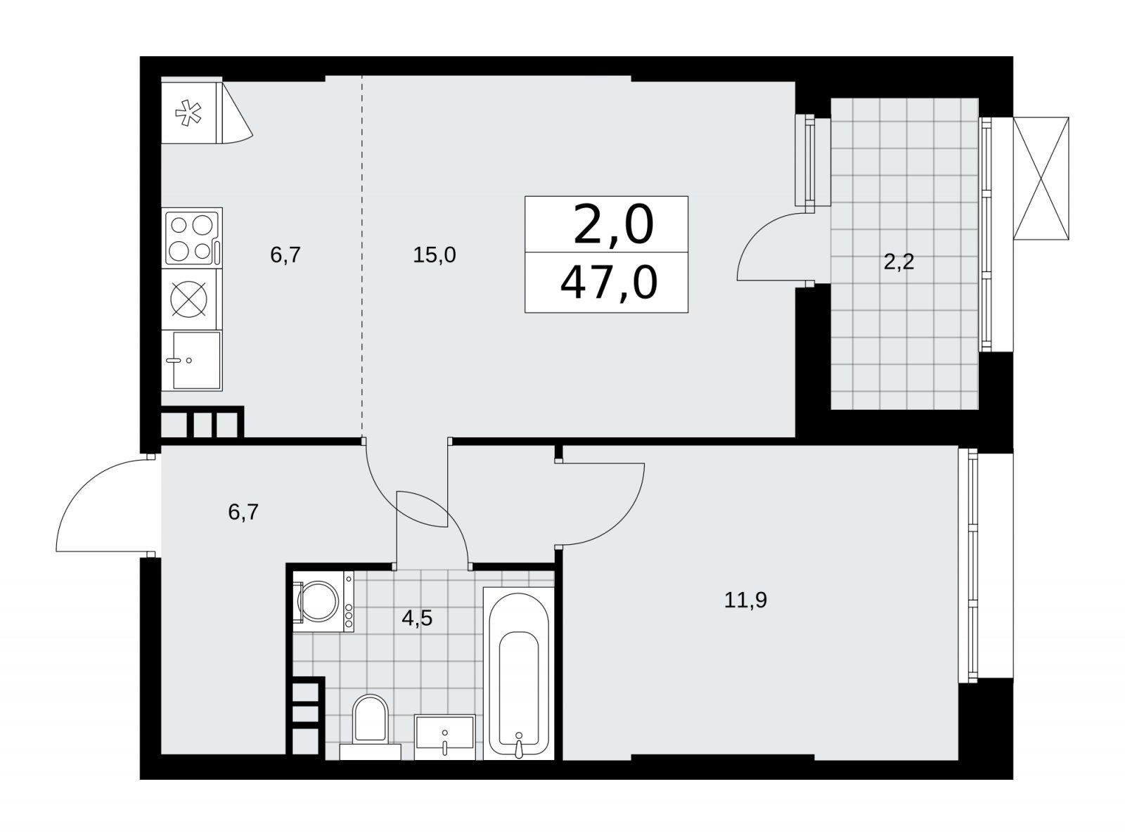 2-комнатная квартира (евро) без отделки, 47 м2, 4 этаж, сдача 4 квартал 2025 г., ЖК Бунинские кварталы, корпус 6.5 - объявление 2252764 - фото №1