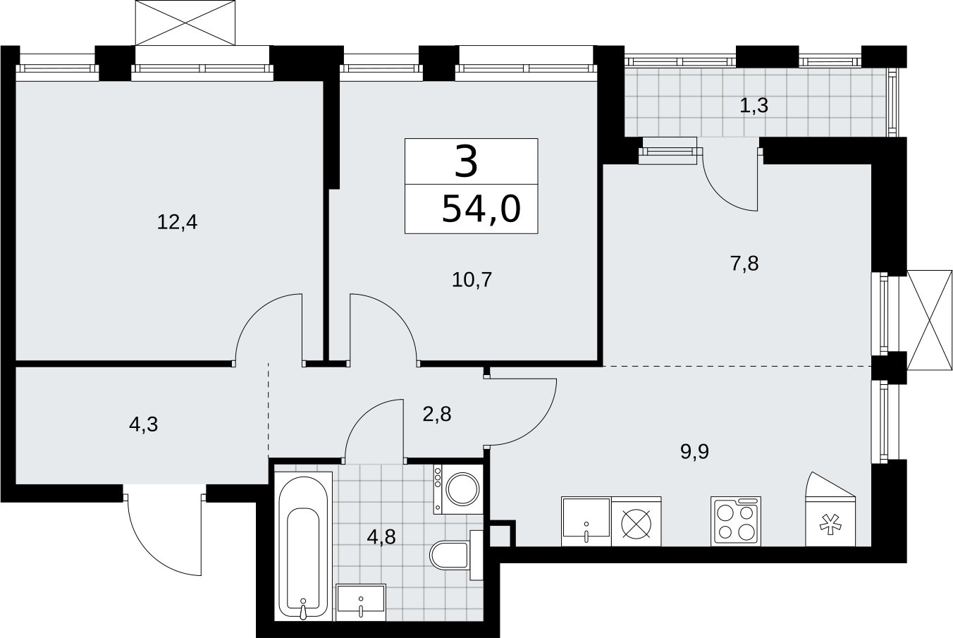 3-комнатная квартира (евро) без отделки, 54 м2, 2 этаж, сдача 2 квартал 2026 г., ЖК Бунинские кварталы, корпус 5.4 - объявление 2297858 - фото №1