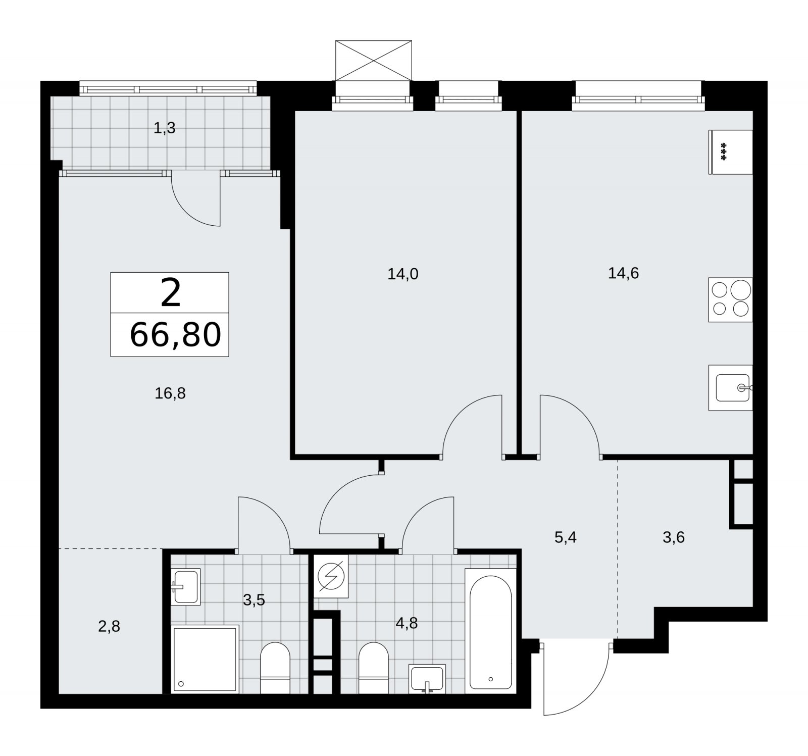 2-комнатная квартира с частичной отделкой, 66.8 м2, 13 этаж, сдача 1 квартал 2026 г., ЖК Дом на Зорге, корпус 25 - объявление 2221229 - фото №1
