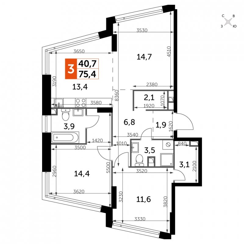 3-комнатная квартира с частичной отделкой, 75.4 м2, 5 этаж, сдача 4 квартал 2024 г., ЖК ROTTERDAM, корпус 2.3 - объявление 1710687 - фото №1
