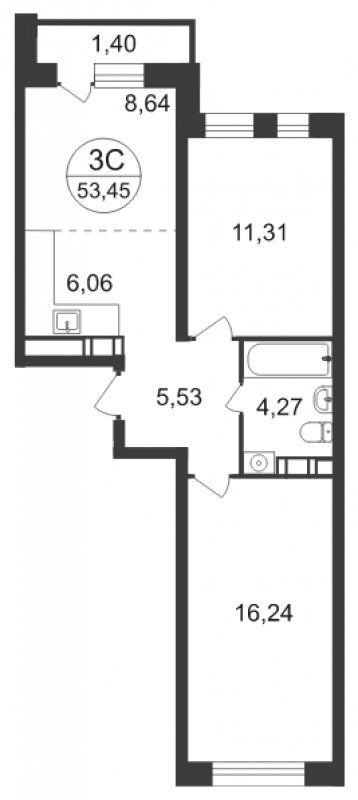 3-комнатная квартира с полной отделкой, 53.45 м2, 13 этаж, сдача 3 квартал 2023 г., ЖК Люберцы, корпус 66 - объявление 1566265 - фото №1