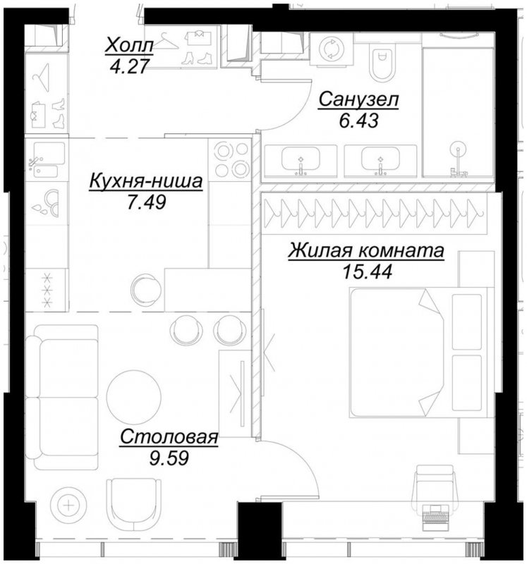 1-комнатная квартира с частичной отделкой, 43.53 м2, 12 этаж, сдача 4 квартал 2024 г., ЖК MOD, корпус Mod.M - объявление 1788291 - фото №1