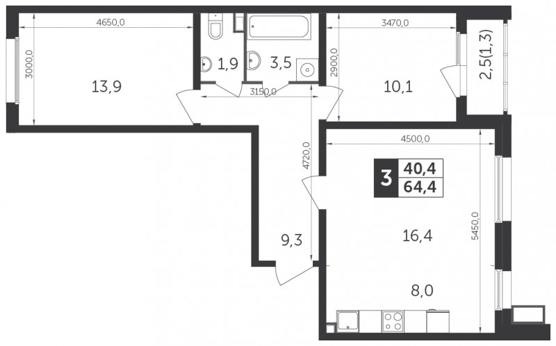 3-комнатная квартира с частичной отделкой, 64.4 м2, 6 этаж, дом сдан, ЖК Датский квартал, корпус 1 - объявление 1746762 - фото №1