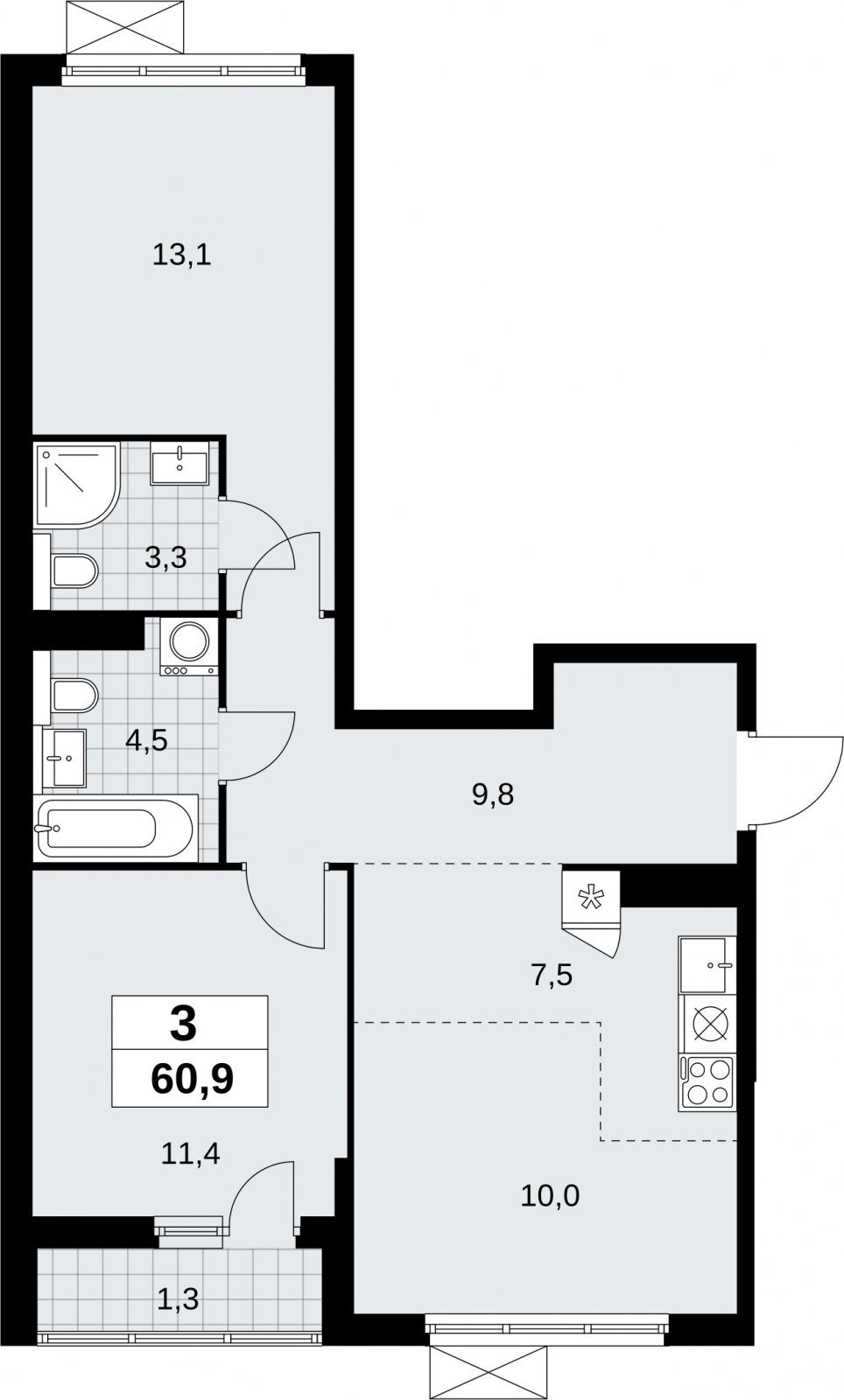 3-комнатная квартира (евро) без отделки, 60.9 м2, 10 этаж, сдача 2 квартал 2026 г., ЖК Бунинские кварталы, корпус 9.1 - объявление 2323588 - фото №1