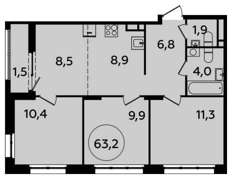 4-комнатная квартира (евро) с полной отделкой, 63.2 м2, 4 этаж, сдача 2 квартал 2024 г., ЖК Испанские кварталы, корпус 8.2 - объявление 1633662 - фото №1