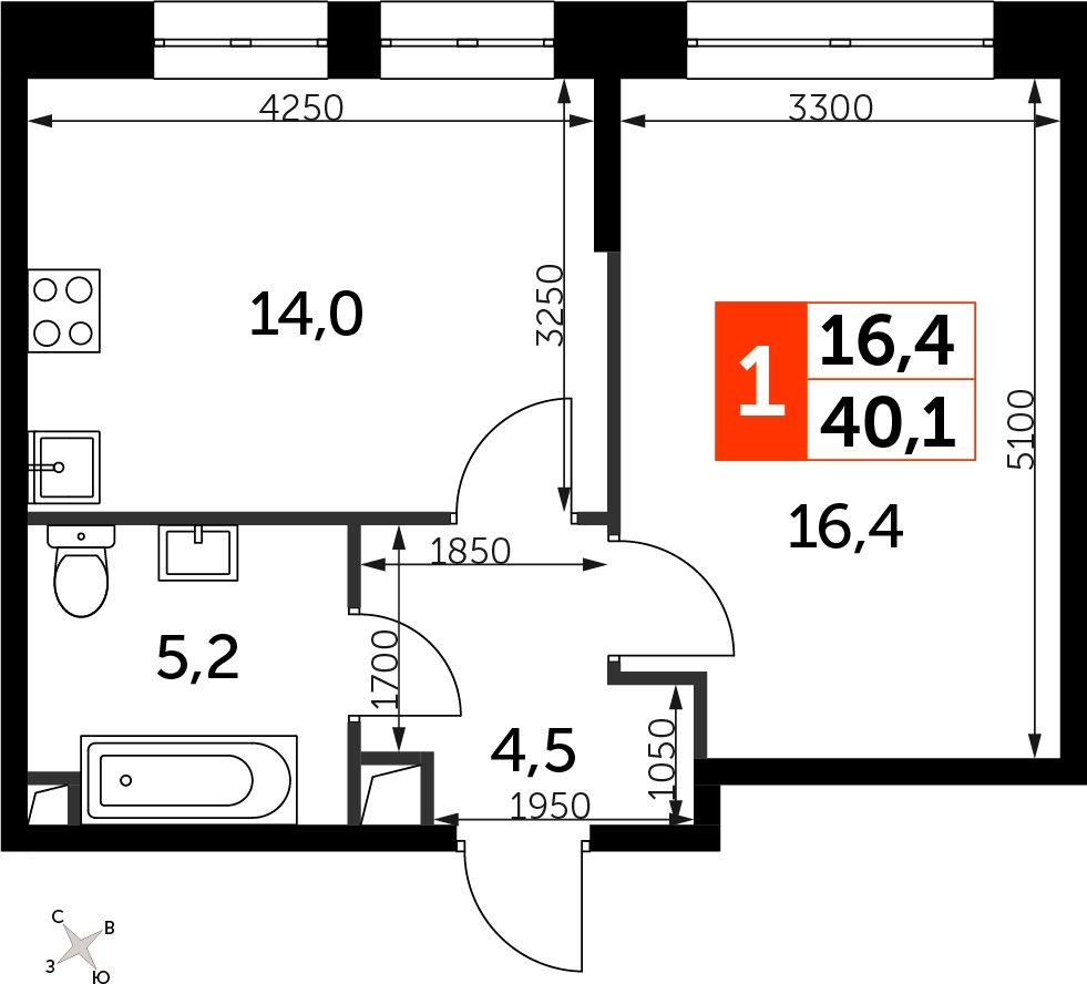 1-комнатная квартира с частичной отделкой, 40.1 м2, 5 этаж, сдача 3 квартал 2024 г., ЖК Sydney City, корпус 2.1 - объявление 2299343 - фото №1
