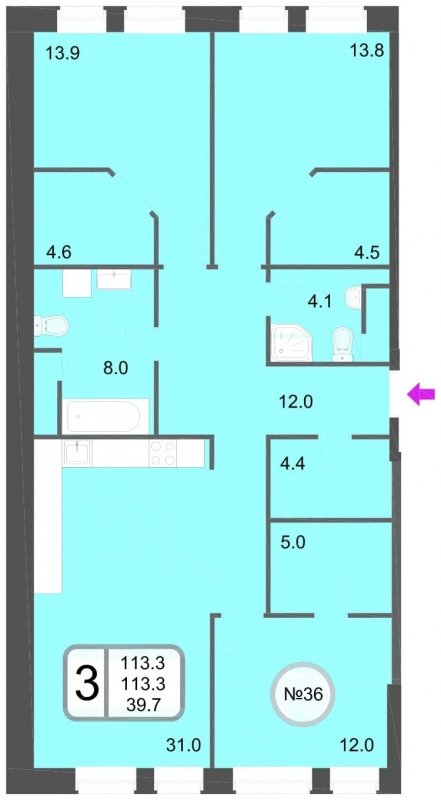 3-комнатная квартира без отделки, 113.3 м2, 13 этаж, дом сдан, ЖК Хорошевский, корпус 1 - объявление 1067684 - фото №1
