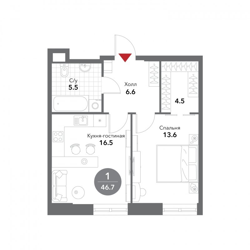 1-комнатные апартаменты без отделки, 46.7 м2, 9 этаж, сдача 3 квартал 2025 г., ЖК VOXHALL, корпус 4 - объявление 1795385 - фото №1