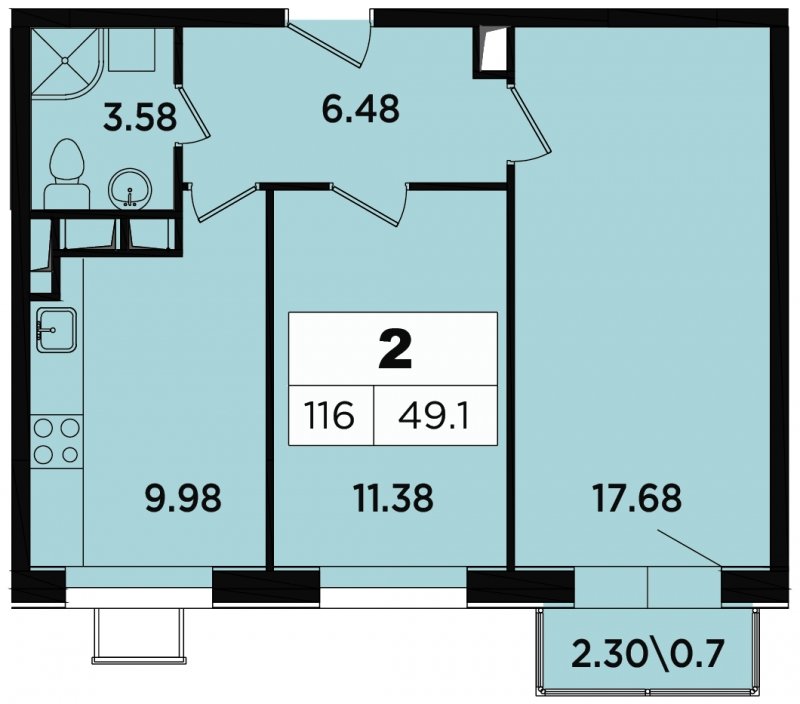 2-комнатные апартаменты 49.1 м2, 13 этаж, дом сдан, ЖК Легендарный Квартал на Березовой  аллее, корпус 4 - объявление 1745552 - фото №1
