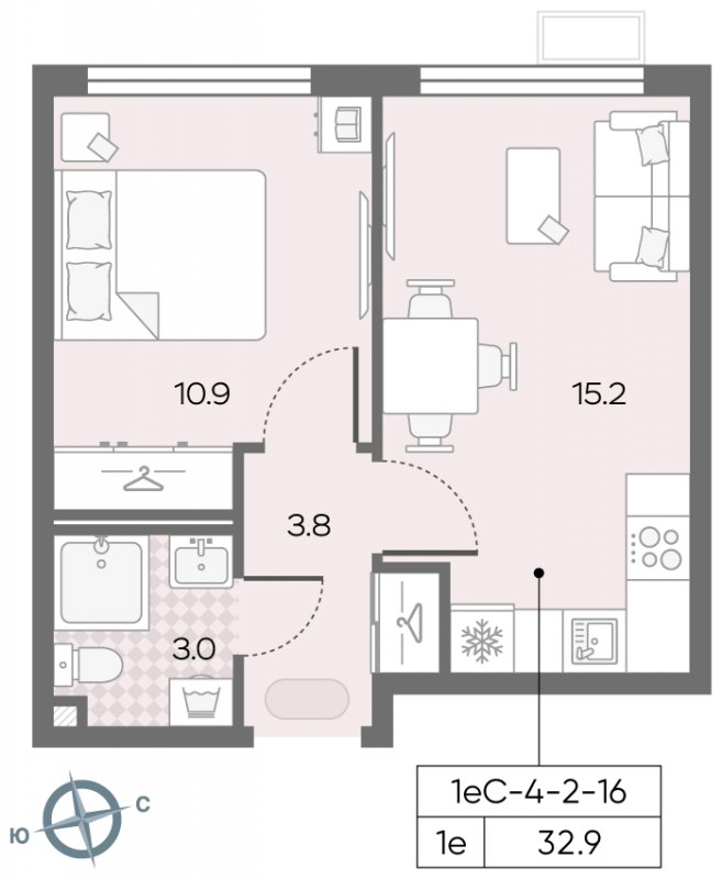 1-комнатная квартира с полной отделкой, 33.2 м2, 2 этаж, сдача 3 квартал 2024 г., ЖК Лучи, корпус 15 - объявление 1943473 - фото №1