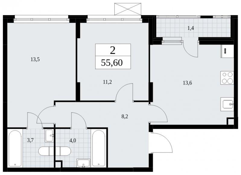 2-комнатная квартира без отделки, 55.6 м2, 2 этаж, сдача 4 квартал 2024 г., ЖК Скандинавия, корпус 35.2.2 - объявление 1841079 - фото №1