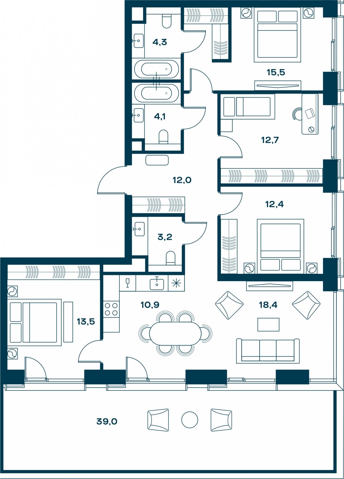 4-комнатная квартира с частичной отделкой, 118.7 м2, 13 этаж, сдача 4 квартал 2026 г., ЖК SOUL, корпус 3 - объявление 2329916 - фото №1