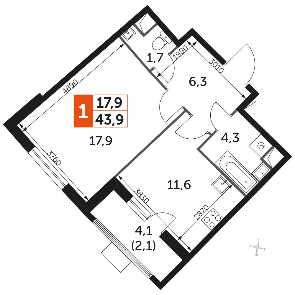 1-комнатная квартира с частичной отделкой, 44 м2, 1 этаж, дом сдан, ЖК UP-квартал Римский, корпус 7 - объявление 2359903 - фото №1