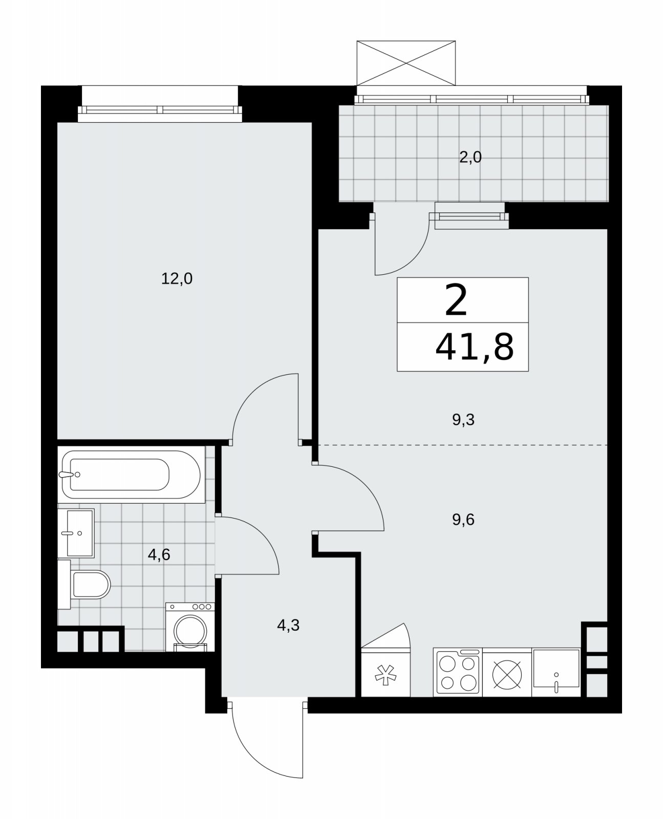 2-комнатная квартира (евро) с частичной отделкой, 41.8 м2, 5 этаж, сдача 2 квартал 2026 г., ЖК Дзен-кварталы, корпус 4.1 - объявление 2251448 - фото №1