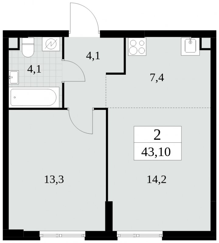 2-комнатная квартира (евро) без отделки, 43.1 м2, 2 этаж, сдача 2 квартал 2025 г., ЖК Южные сады, корпус 2.3 - объявление 1758118 - фото №1