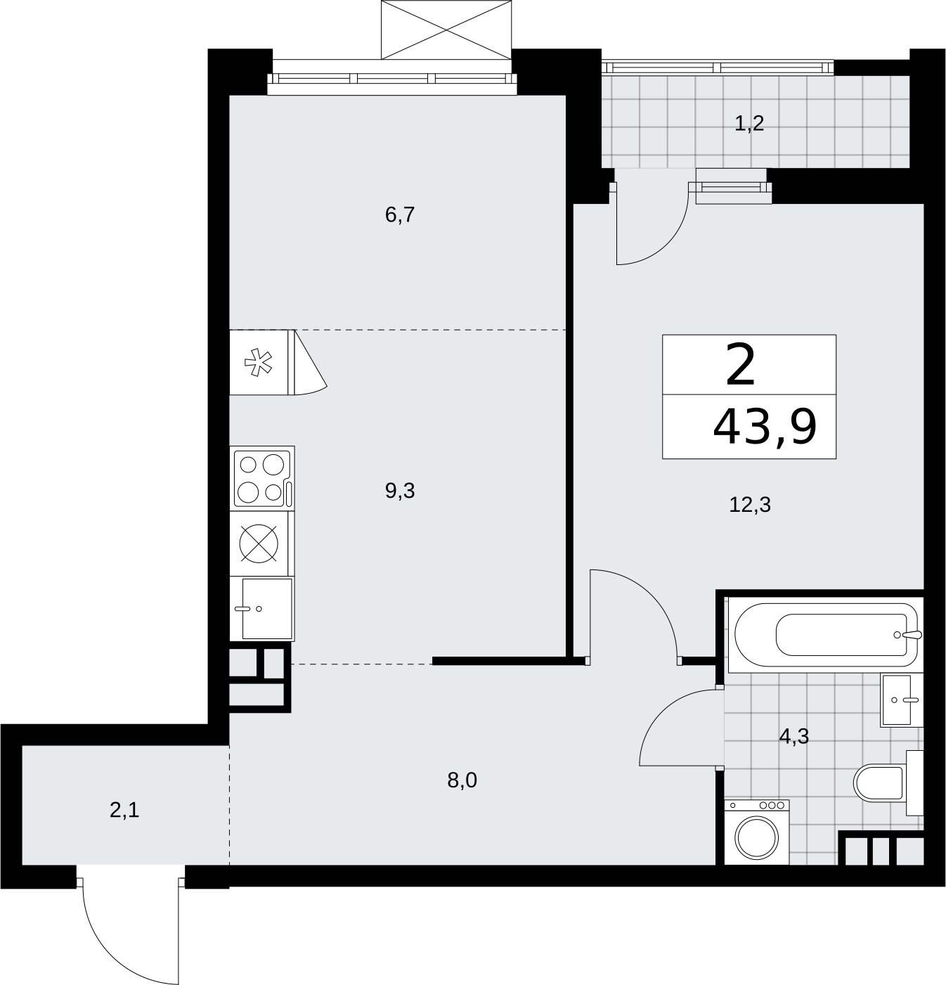 2-комнатная квартира (евро) с частичной отделкой, 43.9 м2, 5 этаж, сдача 2 квартал 2026 г., ЖК Бунинские кварталы, корпус 5.1 - объявление 2297012 - фото №1
