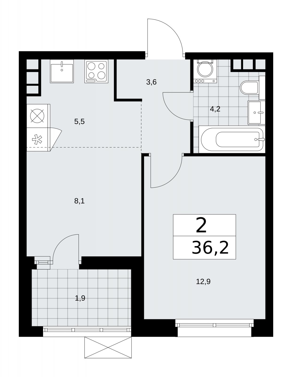 2-комнатная квартира (евро) с частичной отделкой, 36.2 м2, 6 этаж, сдача 2 квартал 2026 г., ЖК Скандинавия, корпус 25.2 - объявление 2283499 - фото №1