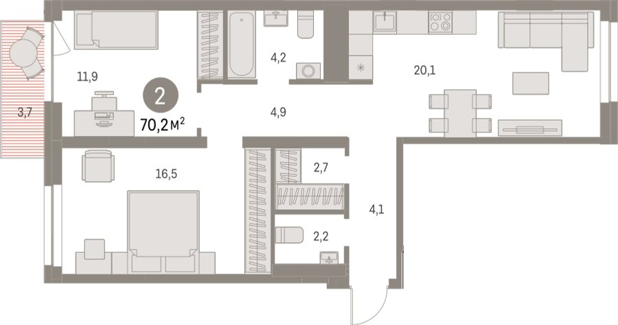 2-комнатная квартира с частичной отделкой, 70.24 м2, 6 этаж, сдача 1 квартал 2025 г., ЖК Первый квартал, корпус Дом 5 - объявление 2281511 - фото №1