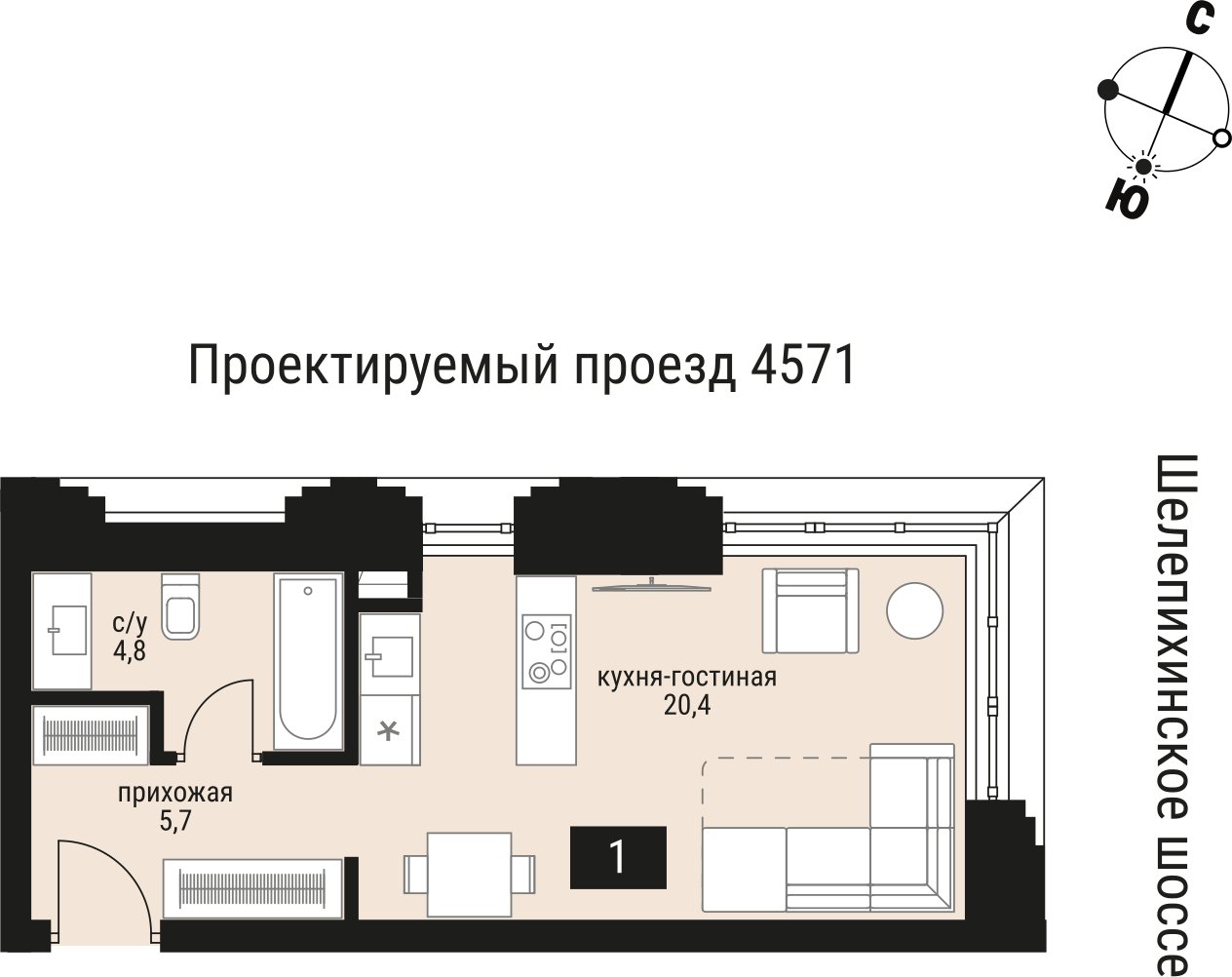 1-комнатная квартира без отделки, 30.9 м2, 2 этаж, сдача 2 квартал 2026 г., ЖК Шелепиха, корпус 1 - объявление 2383567 - фото №1