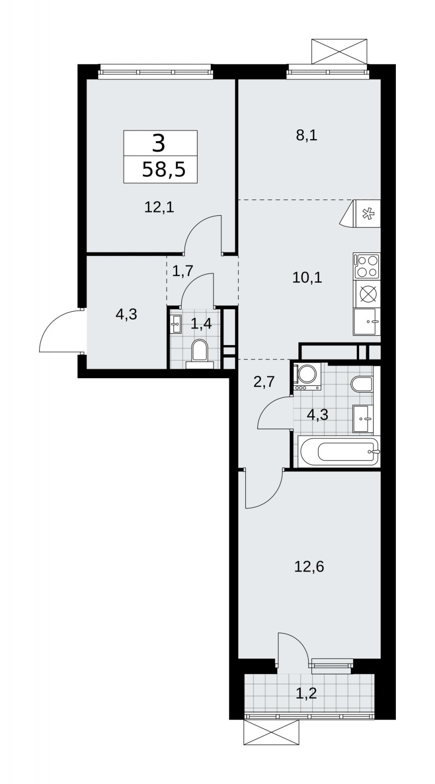 3-комнатная квартира (евро) с частичной отделкой, 58.5 м2, 14 этаж, сдача 2 квартал 2026 г., ЖК Прокшино, корпус 11.2.3 - объявление 2270321 - фото №1