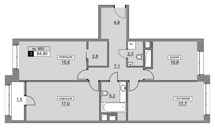 3-комнатная квартира без отделки, 84.8 м2, 4 этаж, сдача 4 квартал 2022 г., ЖК Румянцево-Парк, корпус 3 - объявление 1187734 - фото №1