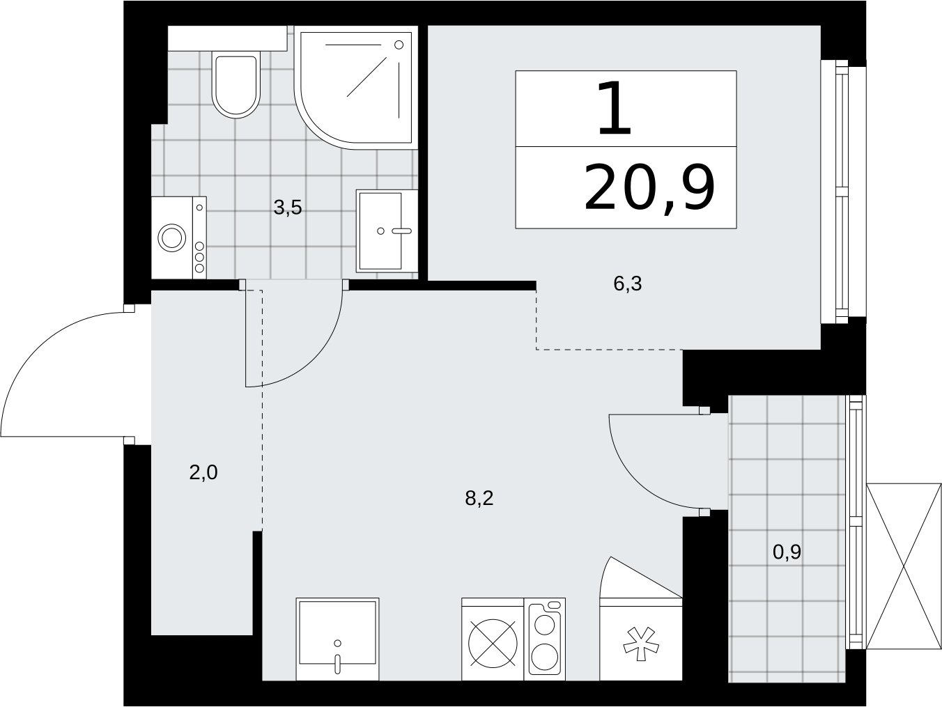 1-комнатная квартира с полной отделкой, 20.9 м2, 5 этаж, сдача 2 квартал 2026 г., ЖК Бунинские кварталы, корпус 7.1 - объявление 2319438 - фото №1