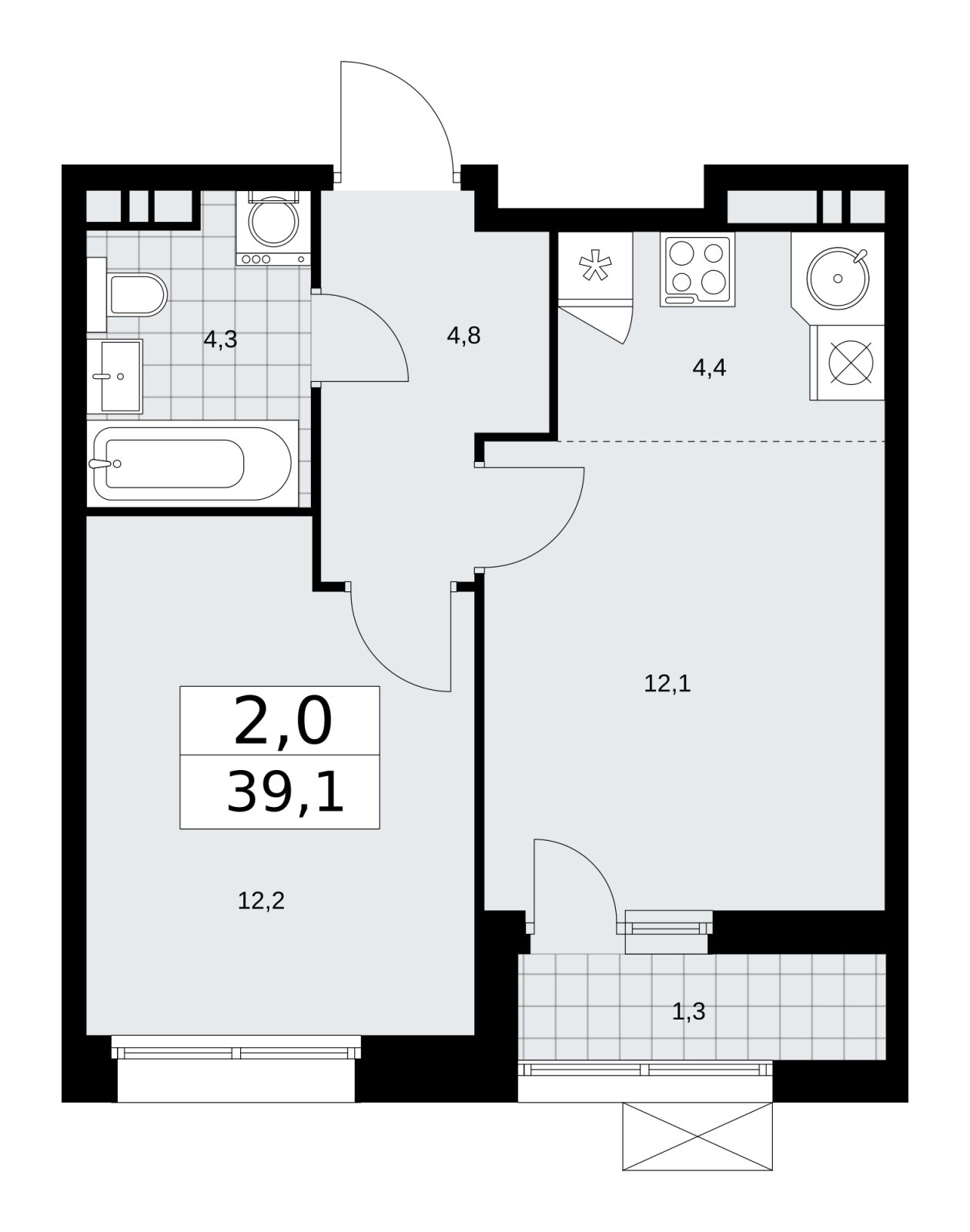 2-комнатная квартира (евро) с частичной отделкой, 39.1 м2, 6 этаж, сдача 1 квартал 2026 г., ЖК Бунинские кварталы, корпус 6.3 - объявление 2252629 - фото №1