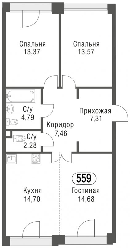 3-комнатная квартира (евро) без отделки, 78.16 м2, 9 этаж, сдача 3 квартал 2023 г., ЖК AFI Park Воронцовский, корпус 3 - объявление 1637479 - фото №1