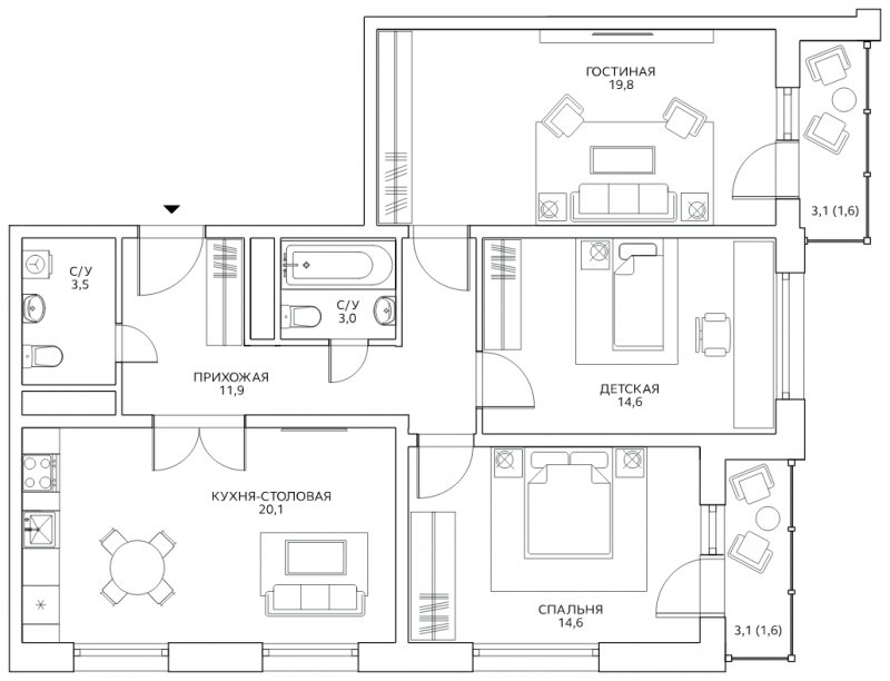 3-комнатная квартира с полной отделкой, 90.7 м2, 24 этаж, сдача 4 квартал 2022 г., ЖК Авиатика, корпус 2 - объявление 1805993 - фото №1