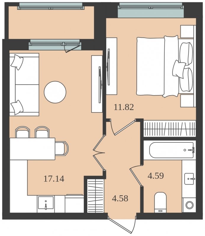 1-комнатная квартира без отделки, 39.8 м2, 1 этаж, сдача 1 квартал 2024 г., ЖК Мишино-2, корпус 8 - объявление 1812120 - фото №1