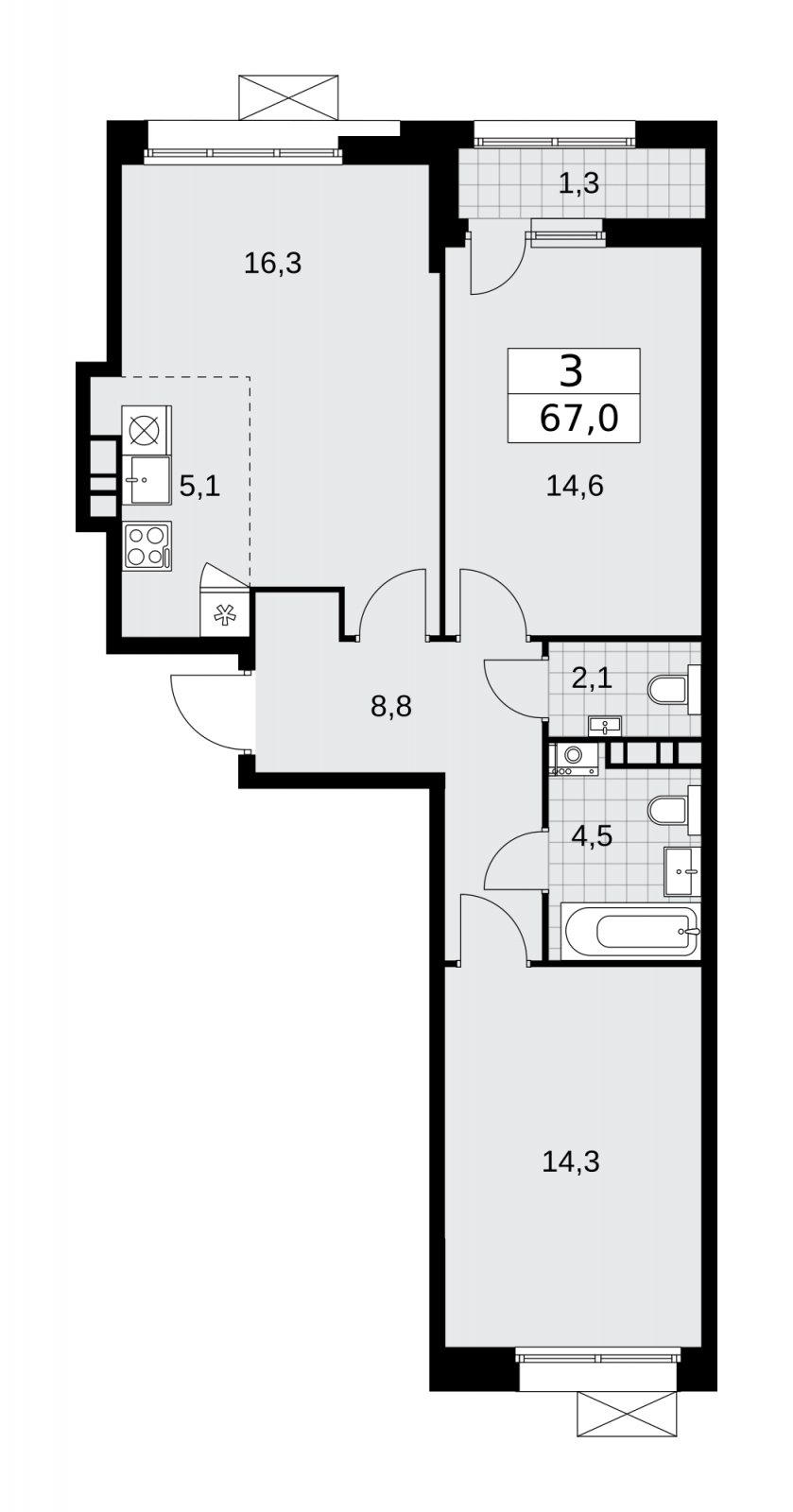 3-комнатная квартира (евро) без отделки, 67 м2, 5 этаж, сдача 4 квартал 2025 г., ЖК Бунинские кварталы, корпус 6.4 - объявление 2252685 - фото №1
